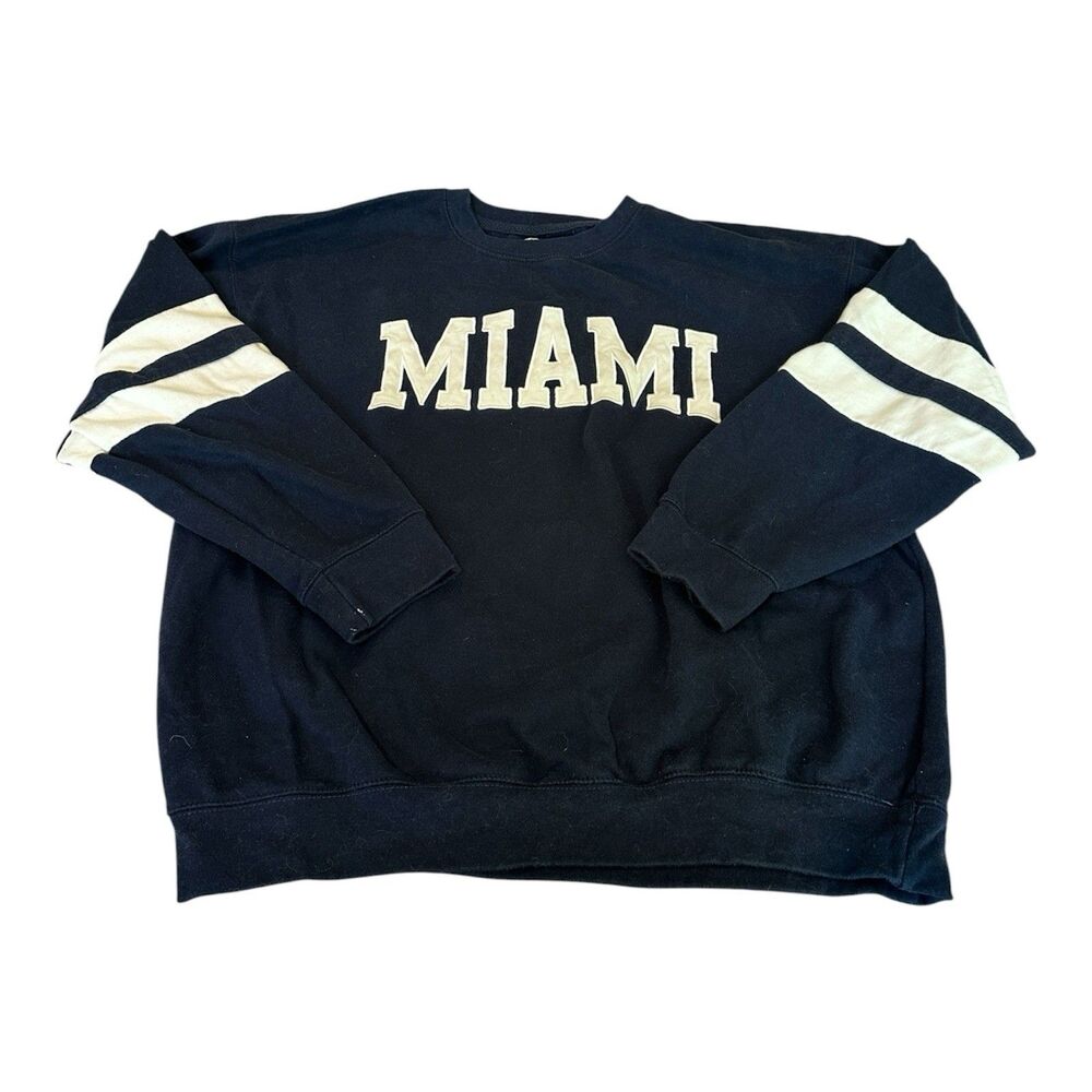 New York Popular Miami Crewneck Sweatshirt Black White Stripe Sleeve Size XL
